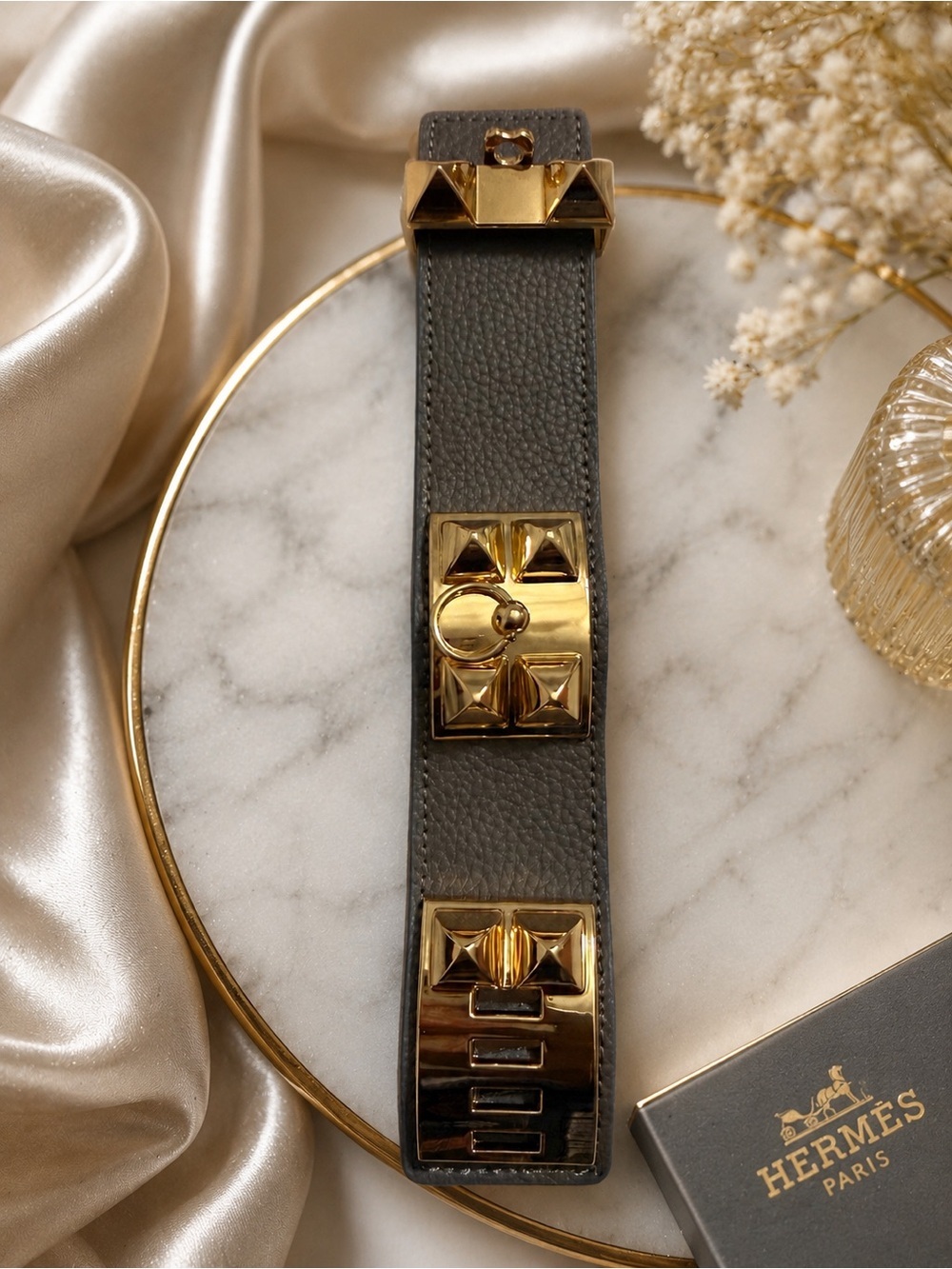 Gray Leather Cuff Bracelet with Gold Stud Hardware | Designer-Inspired Cuff